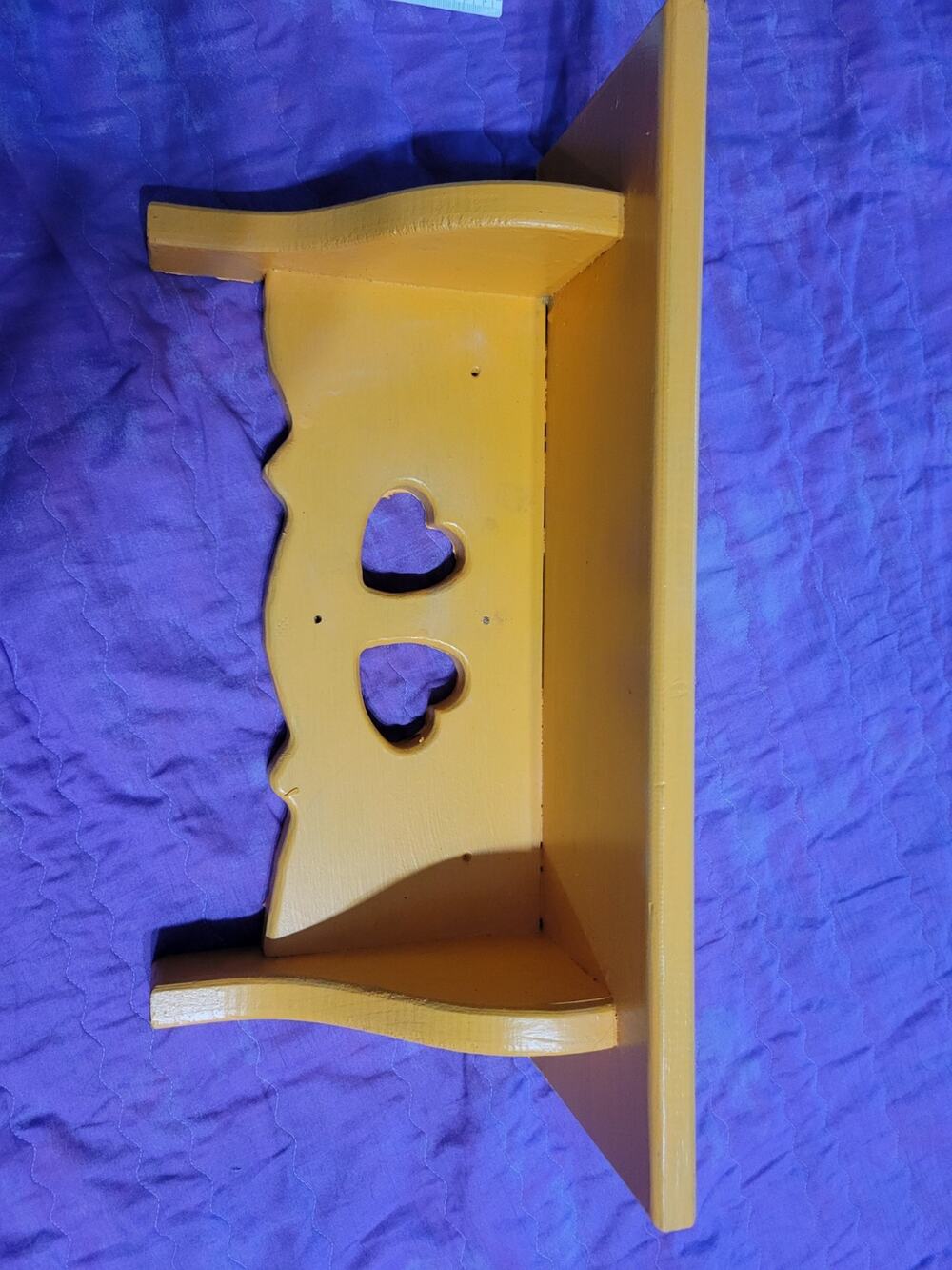 Vintage Wooden Double Heart Cutout Shelf Painted Yellow Retro
